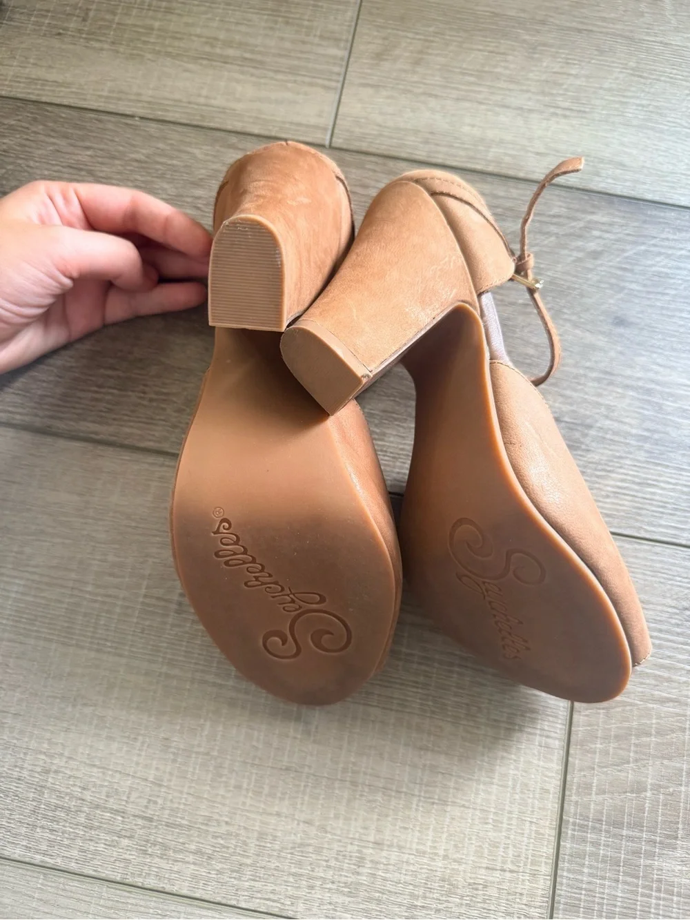Leather Suede Peep-Toe Ankle Strap Heels in Tan